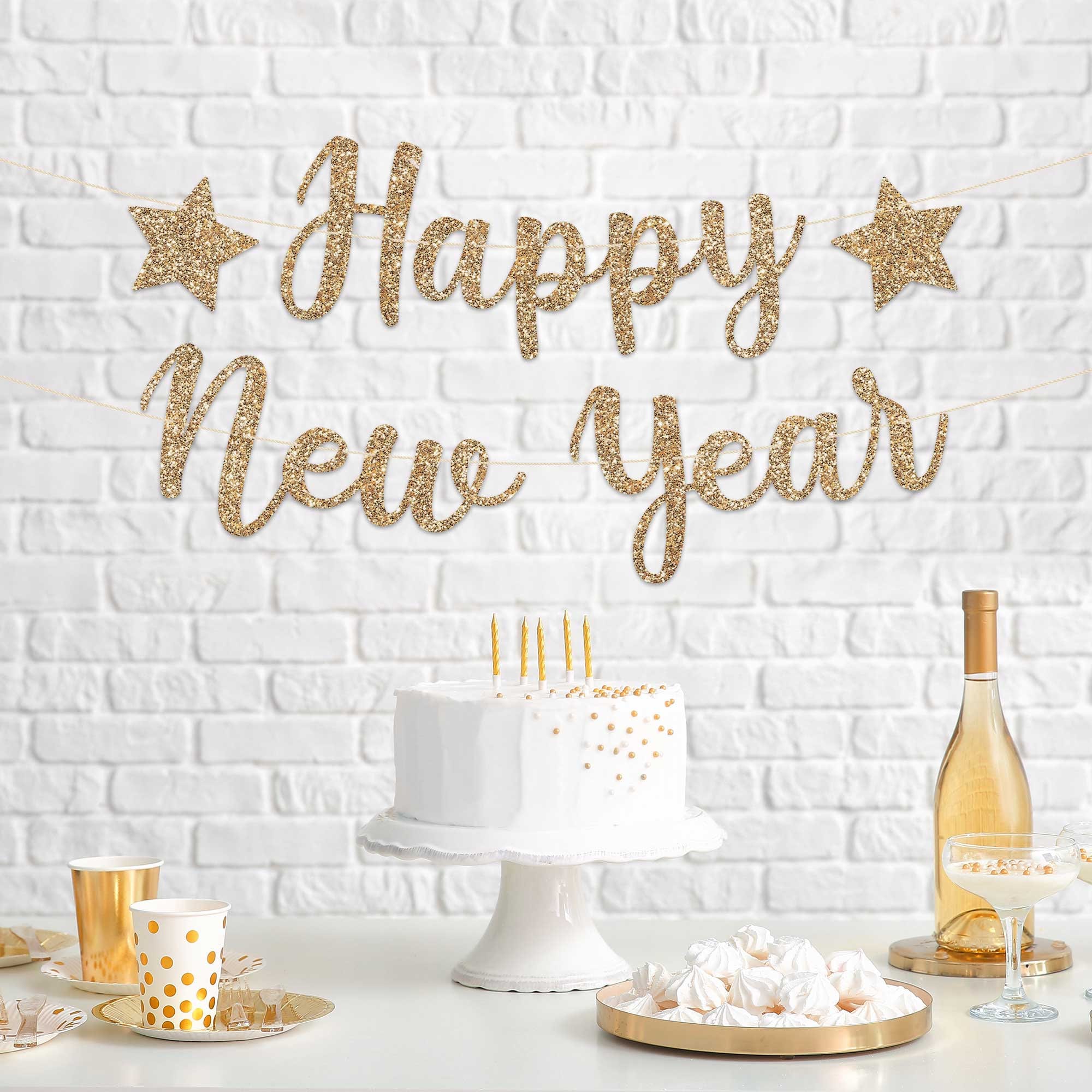 Pre-strung Happy New Year Banner - NO DIY - Gold Glitter New Years Eve ...