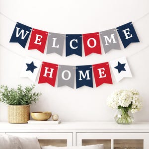 A red, white, and blue 'Welcome Home" banner with stars. Perfect for military welcome home decorations.