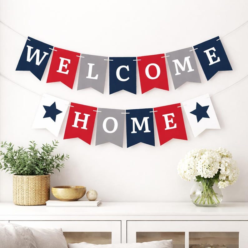A red, white, and blue 'Welcome Home" banner with stars. Perfect for military welcome home decorations.