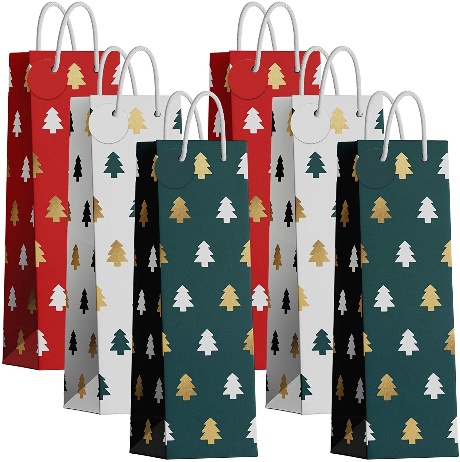 16Pcs Christmas Wine Gift Bags – Paper, Blue Xmas Tree Snowmen Santa Design, With Handles