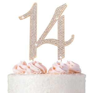 14 Cake Topper - Premium Rose Gold Metal - 14th Birthday Party Sparkly Rhinestone Decoration - Perfect Keepsake