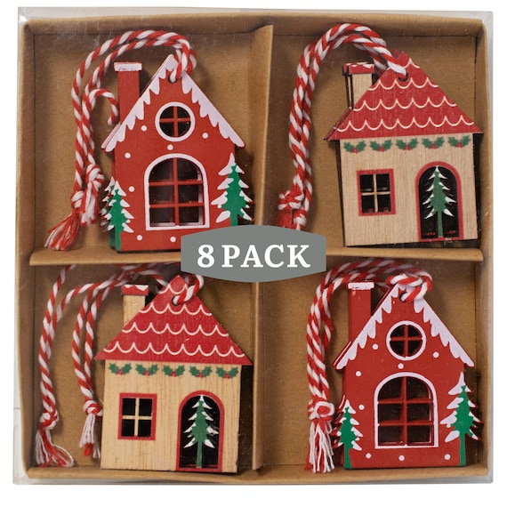 Wooden House Christmas Tree Ornaments - Set of 8 - Wooden