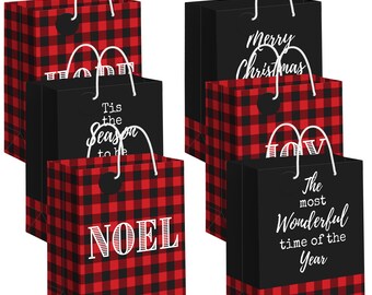 Plaid Christmas Gift Bags | Set of 6 | Medium Size 10" Red and Black Buffalo Plaid Gift Bags With Handles & Name Tags | 6 Holiday Sayings