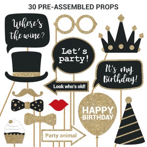 Birthday Photo Booth Props | FULLY ASSEMBLED | Real Glitter | Birthday Party Decorations | No DIY (30 Pieces) | Black Gold Red