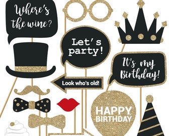 Birthday Photo Booth Props | FULLY ASSEMBLED | Real Glitter | Birthday Party Decorations | No DIY (30 Pieces) | Black Gold Red