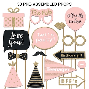 13th Photo Booth Props | FULLY ASSEMBLED | 13th Birthday Photo Booth Props | (Real Glitter) | Pink Gold Black |  No DIY (30 Pieces)