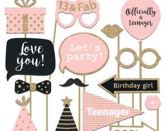 13th Photo Booth Props | FULLY ASSEMBLED | 13th Birthday Photo Booth Props | (Real Glitter) | Pink Gold Black |  No DIY (30 Pieces)