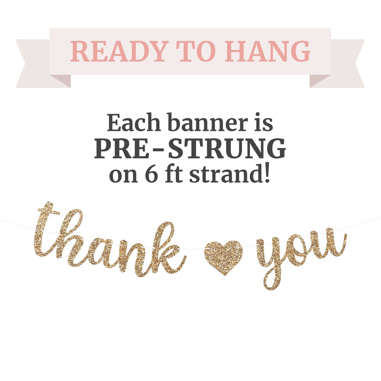 Pre-strung Thank You Banner - NO DIY - Gold Glitter Thank You Banner ...