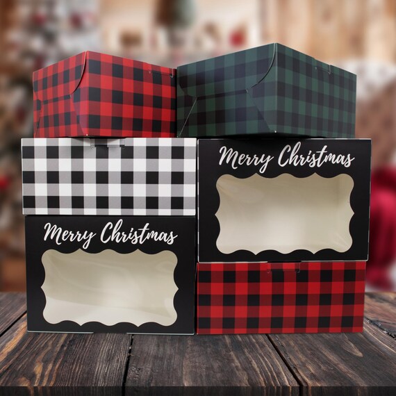 Christmas Cookie Boxes | 12 Pack | Red Green & White Buffalo Plaid
