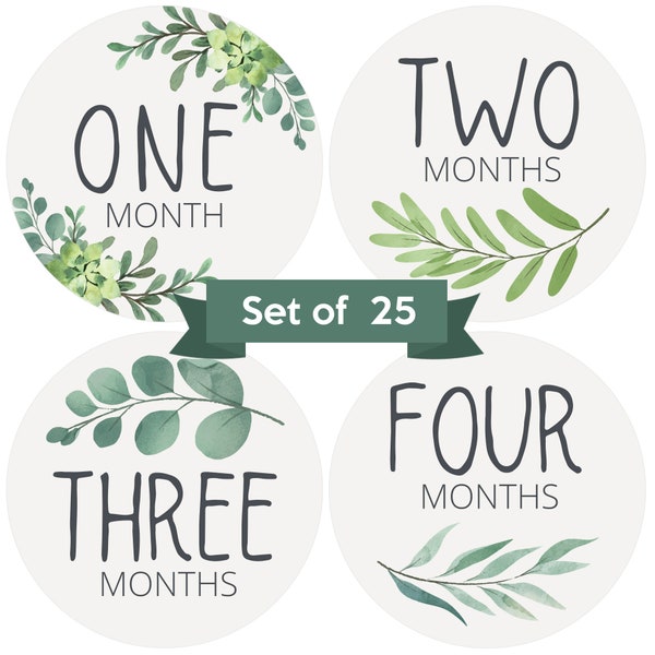 Baby Monthly Stickers | Greenery Botanical Baby Milestone Stickers | Gender Neutral | Unisex Green Newborn Monthly Milestones (Set of 25)