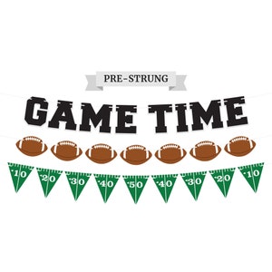 Pre-Strung Game Time Football Banner - NO DIY - Football Party Banner - Pre-Strung Garland on 8 ft Strands - Football Birthday Party Decor