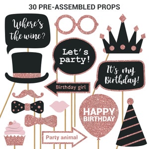 Birthday Photo Booth Props | FULLY ASSEMBLED | Real Glitter | Birthday Party Decorations | No DIY (30 Pieces) | Rose Gold, Black