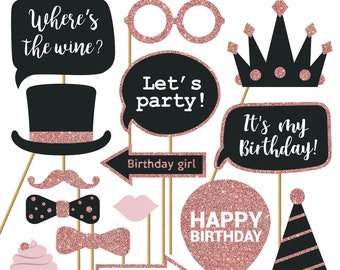 Birthday Photo Booth Props | FULLY ASSEMBLED | Real Glitter | Birthday Party Decorations | No DIY (30 Pieces) | Rose Gold, Black
