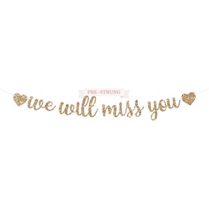 Pre-Strung We Will Miss You Banner - NO DIY - Gold Glitter Going Away, Retirement Banner on 8 ft Strand - Farewell Graduation Party Decor