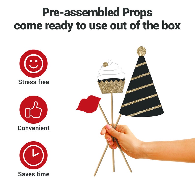 May include: Pre-assembled photo booth props with a cupcake, party hat, and lips. The props are on sticks and ready to use.