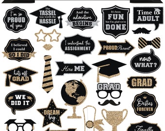 Graduation Photo Booth Props | FULLY ASSEMBLED | Graduation Party Supplies | Class of 2024 | Real Gold & Silver Glitter | No DIY (30 Pieces)
