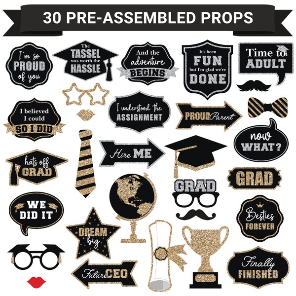 Graduation Photo Booth Props | FULLY ASSEMBLED | Graduation Party Supplies | Class of 2024 | Real Gold & Silver Glitter | No DIY (30 Pieces)