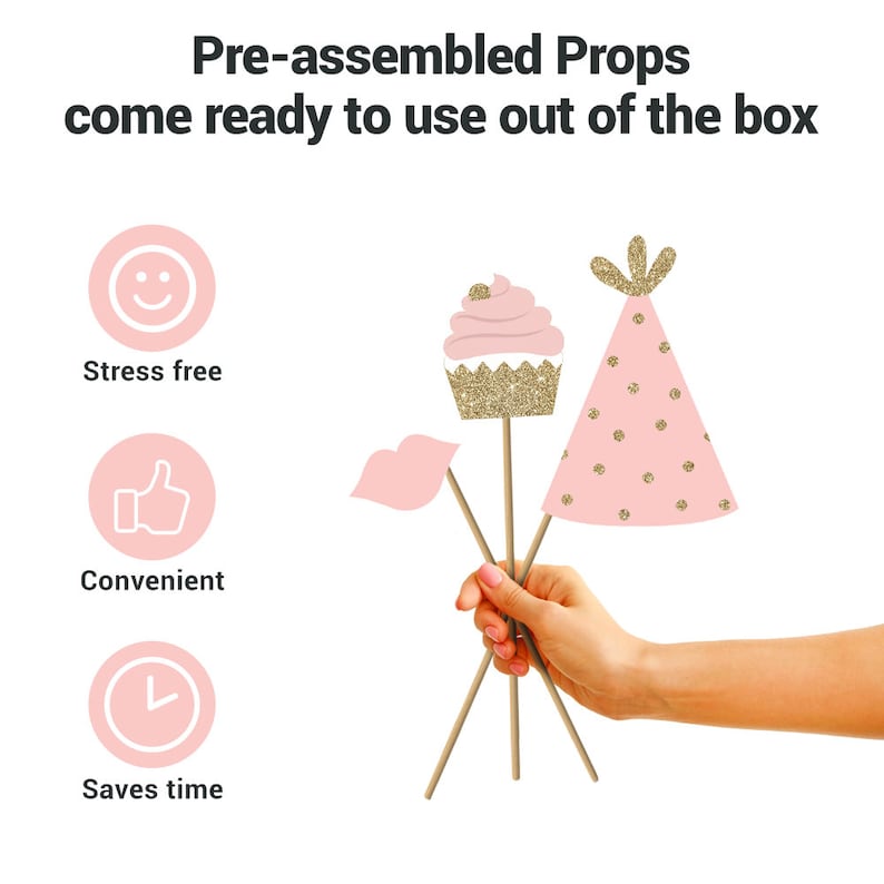 May include: Pink and gold photo booth props with a cupcake, party hat, and lips. The props are pre-assembled and ready to use.