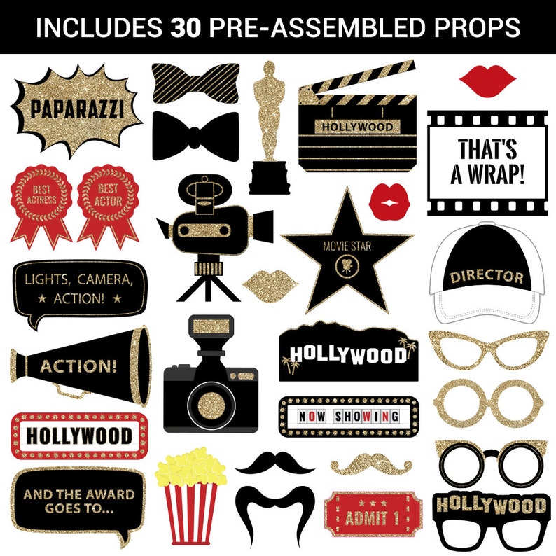 Hollywood Photo Booth Props FULLY ASSEMBLED Hollywood Movie Party Supplies Real Glitter Hollywood Decorations No DIY 30 Pieces image 8