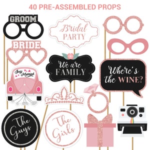 Wedding Photo Booth Props | FULLY ASSEMBLED | Rose Gold & Silver | Real Glitter | Wedding Decorations | No DIY (40 Pieces)