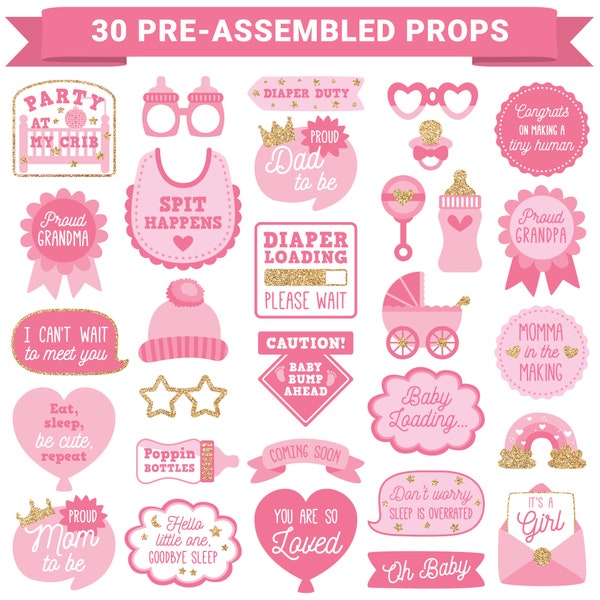 Baby Shower Photo Booth Props | FULLY ASSEMBLED | Pink & Gold Glitter | Real Glitter | Girl Baby Shower Selfie Signs | No DIY (30 Pieces)