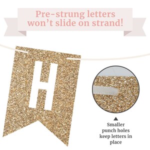 Gold glitter letter H banner with a close-up of the smaller punch holes that keep the letters from sliding on the string. "Pre-strung letters won't slide on strand!" text is visible at the top of the image.