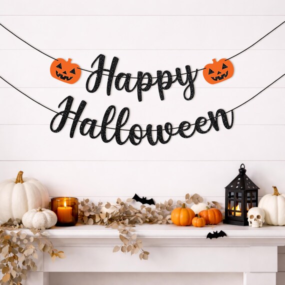 Fertig Vorgespanntes Happy Halloween Banner – 1,8 M Glitzer-Girlande Mit Kürbis, Kein DIY