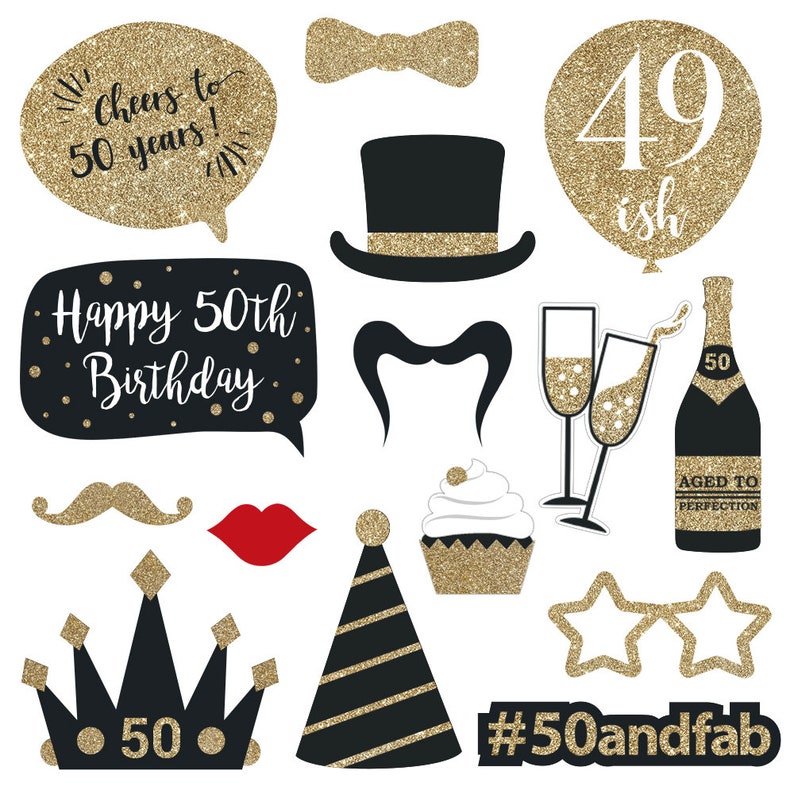 May include: A set of 12 gold glitter photo booth props for a 50th birthday party. The props include a crown, a mustache, a bow tie, a top hat, a cupcake, a champagne glass, a bottle of champagne, a speech bubble with the text "Cheers to 50 years!" and a speech bubble with the text "Happy 50th Birthday".