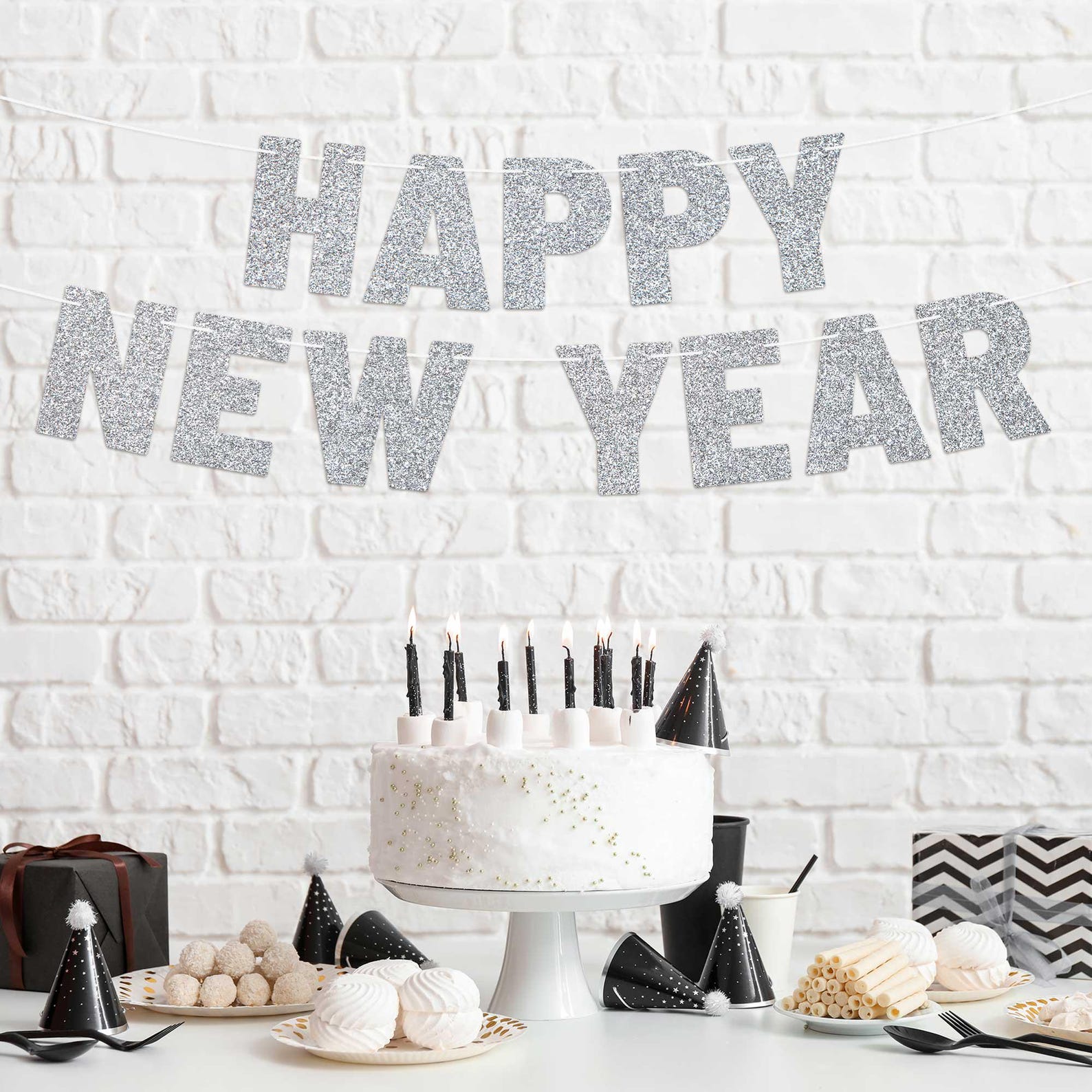 Pre-strung Happy New Year Banner - NO DIY - Silver Glitter New Years ...