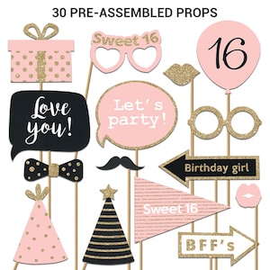 May include: Thirty pink and black photo booth props with gold glitter accents. The props include a gift box, glasses, lips, a balloon, a speech bubble, a bow tie, a mustache, a star, a party hat, an arrow, and more. The props are perfect for a Sweet 16 birthday party.
