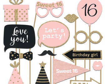 Sweet 16 Photo Booth Props | FULLY ASSEMBLED | 16th Birthday Photo Booth Props | (Real Glitter) | Pink Gold Black |  No DIY (30 Pieces)