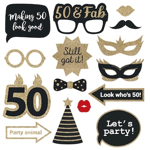 May include: A set of 12 gold glitter photo booth props for a 50th birthday party. The props include a pair of glasses, a bow tie, a party hat, a mask, a mustache, lips, and signs that say "Making 50 look good", "50 & Fab", "Still got it!", "Look who's 50!" and "Let's party!"