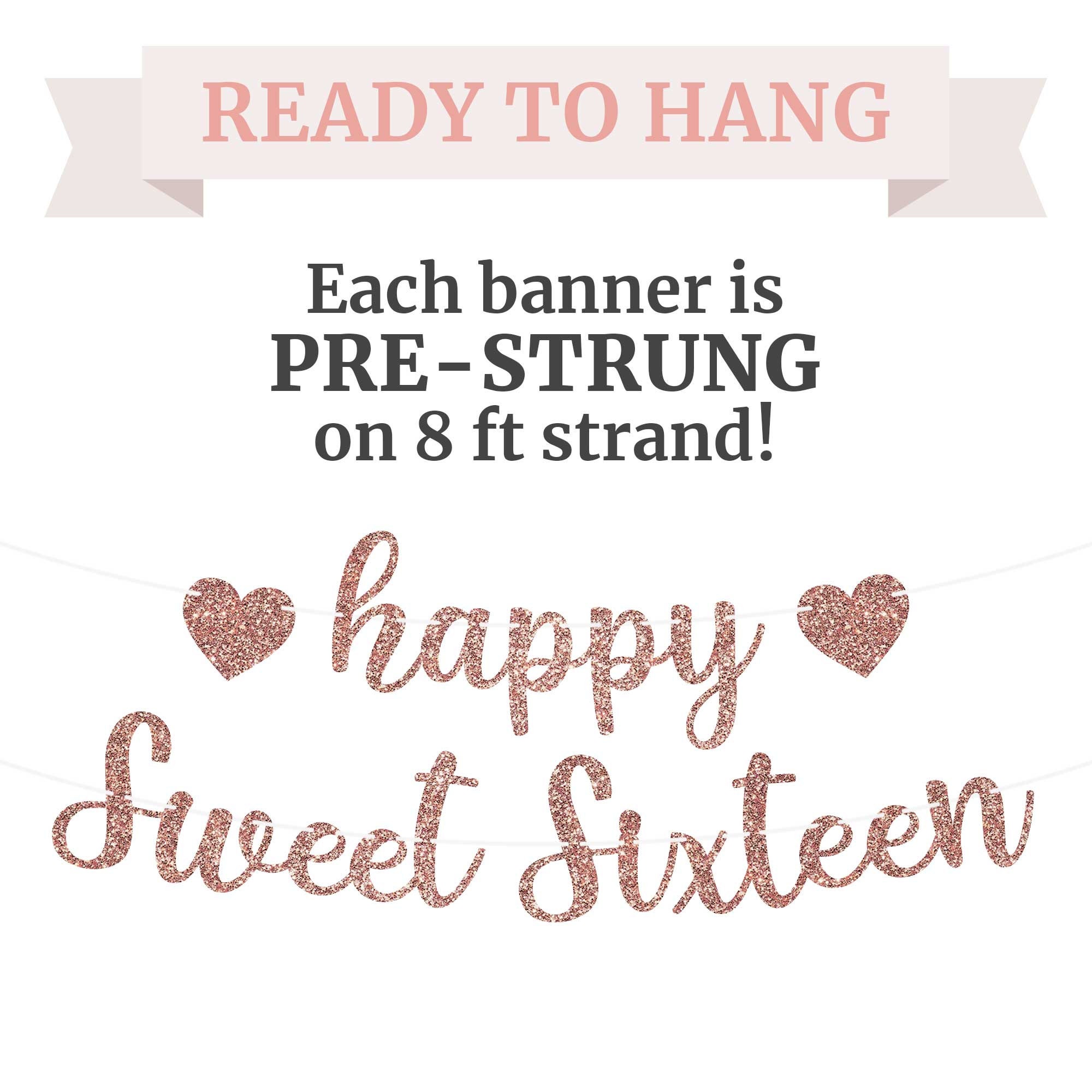 Happy Sweet 16 Birthday Banner – Vorgefädelt, Rose-Gold-Glitzer, 1,8 M Lang, Inkl. Buchstaben