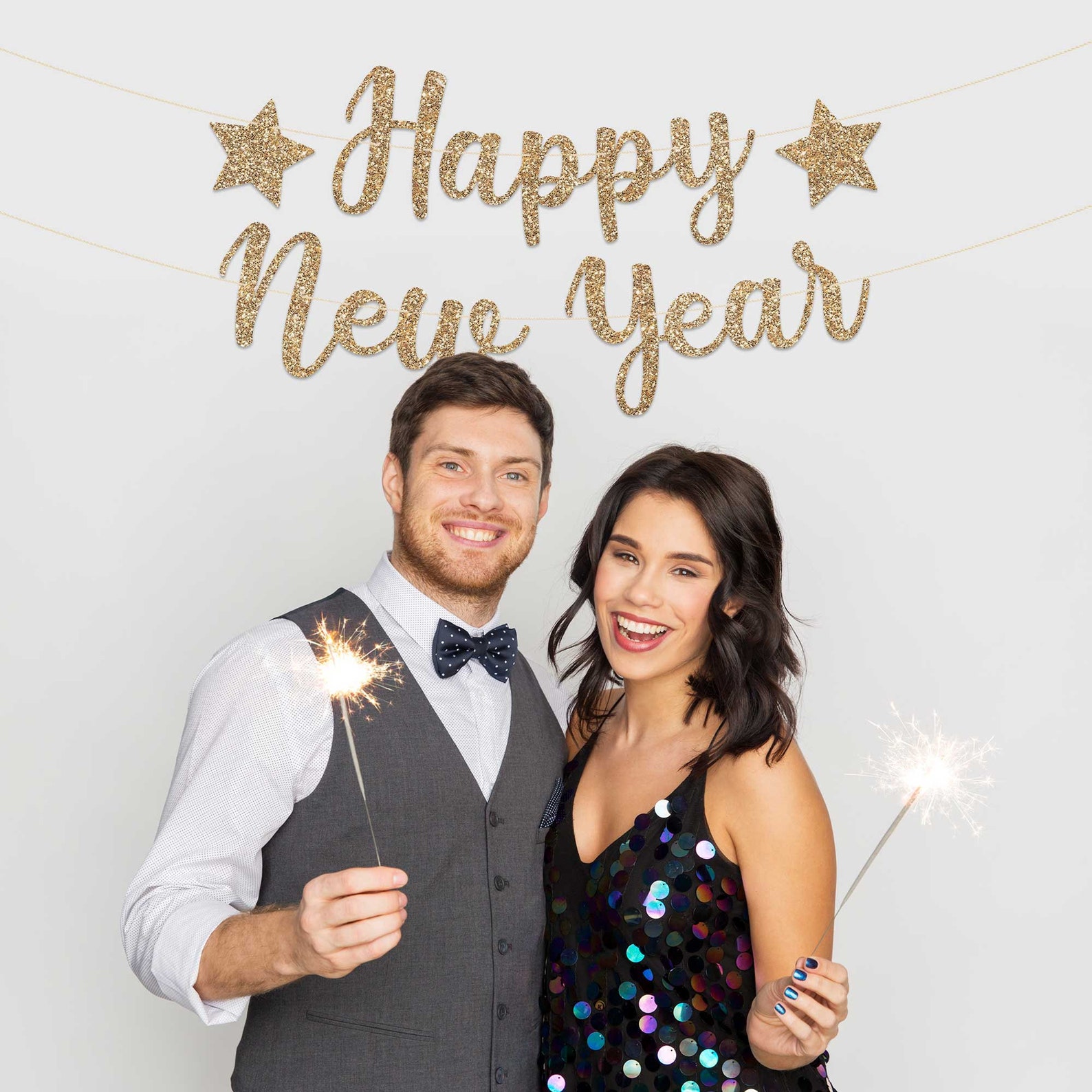 Pre-strung Happy New Year Banner - NO DIY - Gold Glitter New Years Eve ...