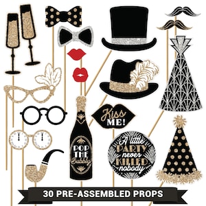 New Years Eve Photo Booth Props | FULLY ASSEMBLED | Real Gold and Silver Glitter | New Years Eve Party Decorations | No DIY (30 Pieces)
