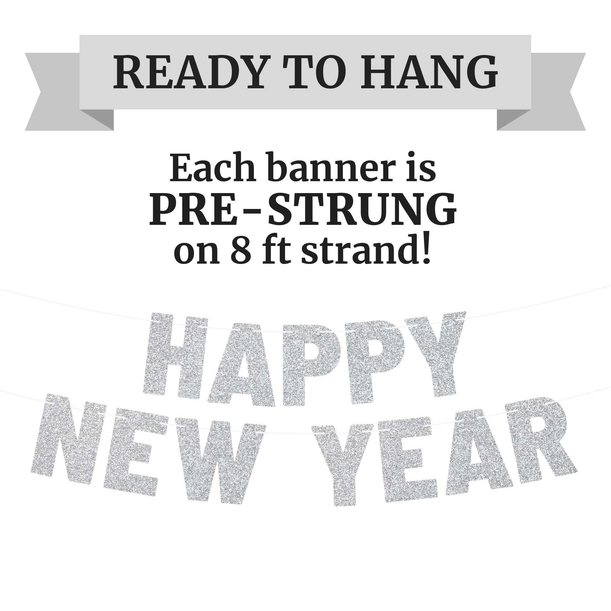 Pre-strung Happy New Year Banner - NO DIY - Silver Glitter New Years ...