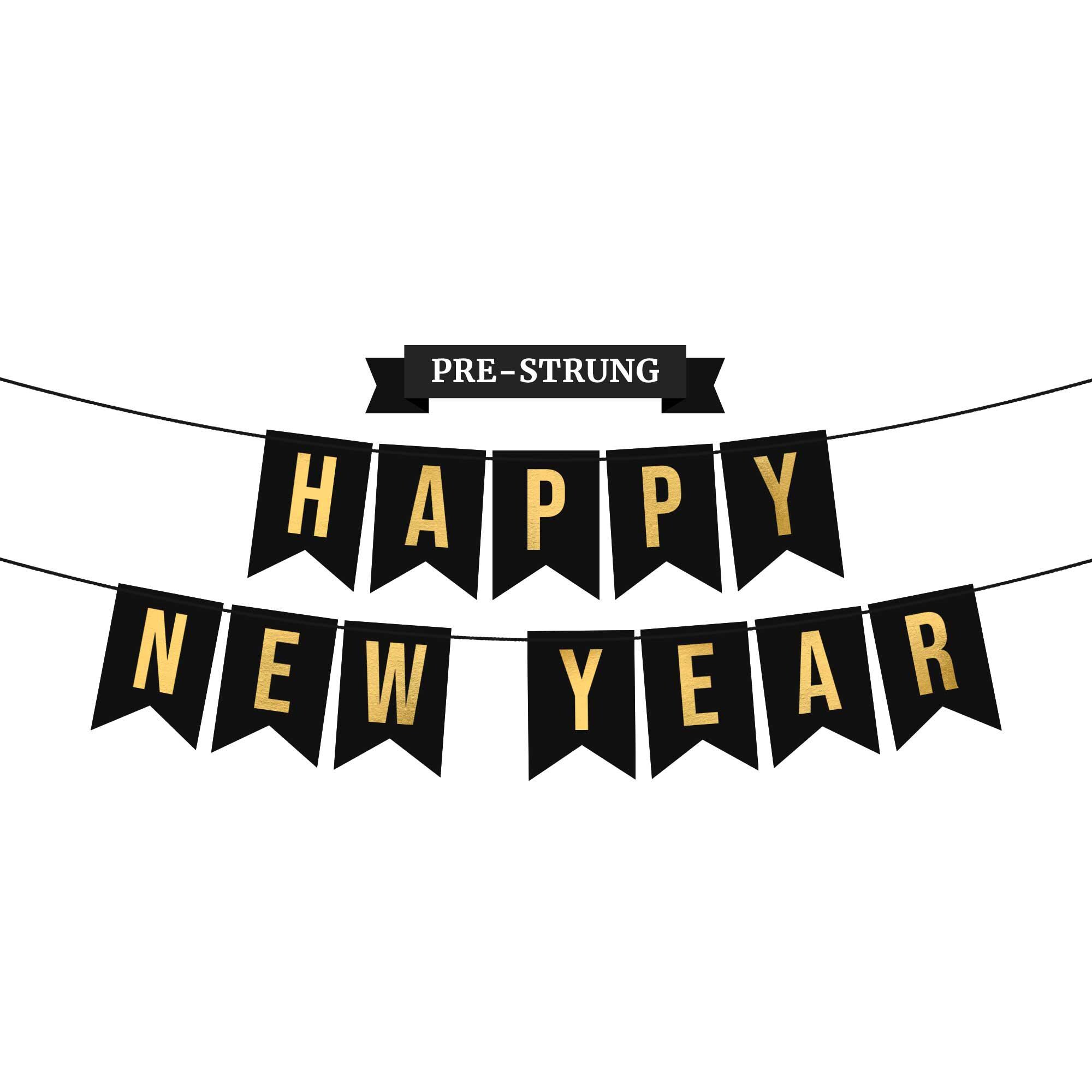 Pre-Strung Happy New Year Banner - NO DIY - Black & Gold New Years Eve Party Banner - Garland on 8 ft Strands - New Years Eve Party decor
