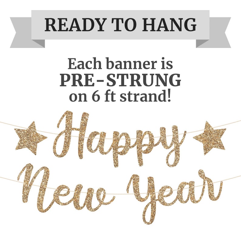 Pre-strung Happy New Year Banner - NO DIY - Gold Glitter New Years Eve ...