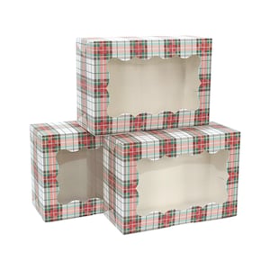 Christmas Cookie Boxes | 12 Pack | White with Green & Red Tartan Plaid Bakery Gift Box with Window | Large Size Easily Fits a Dozen Cookies