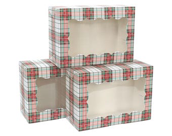 Christmas Cookie Boxes | 12 Pack | White with Green & Red Tartan Plaid Bakery Gift Box with Window | Large Size Easily Fits a Dozen Cookies