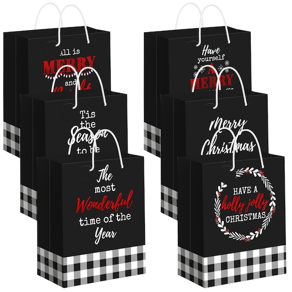 Plaid Christmas Gift Bags Set of 6 Medium Size 10 White and Black