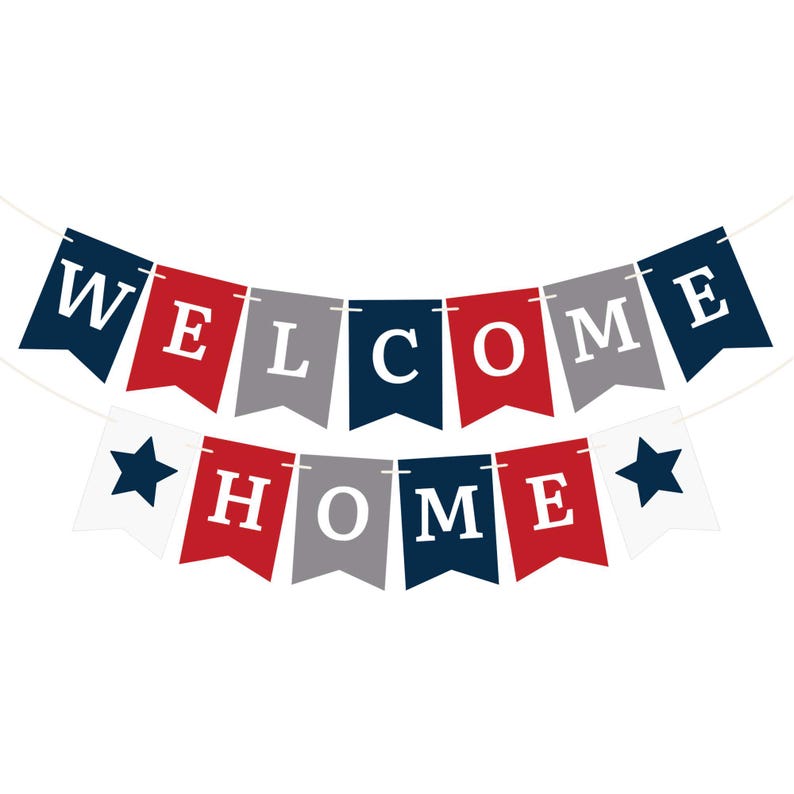A red, white, and blue 'Welcome Home" banner with stars. Perfect for military welcome home decorations.