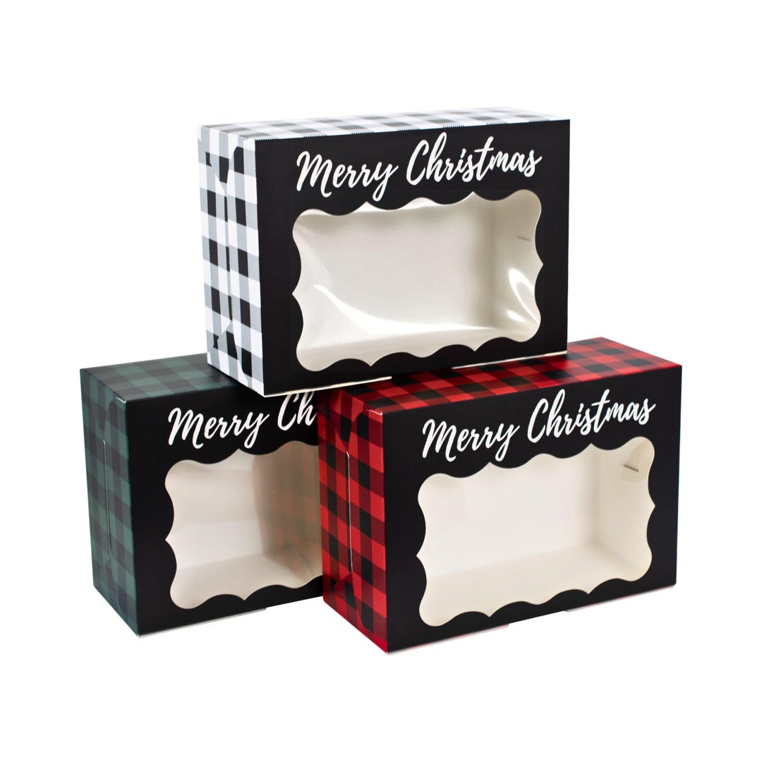 Christmas Cookie Boxes | 12 Pack | Red Green & White Buffalo Plaid