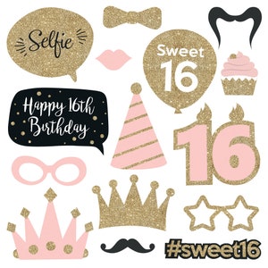 May include: A set of 16 photo booth props with a pink and gold glitter theme. The props include a crown, a cupcake, a party hat, a mustache, a bow tie, glasses, lips, a star, and a speech bubble that says "Happy 16th Birthday".