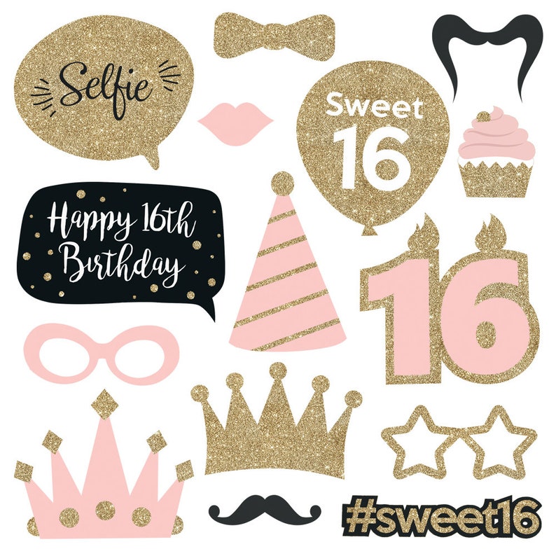May include: A set of 16 photo booth props with a pink and gold glitter theme. The props include a crown, a cupcake, a party hat, a mustache, a bow tie, glasses, lips, a star, and a speech bubble that says "Happy 16th Birthday".