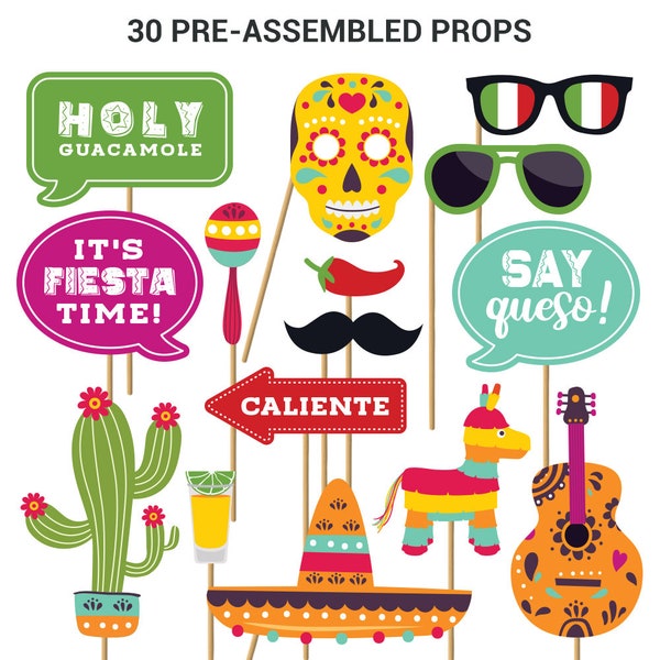 Fiesta Photo Booth Props | FULLY ASSEMBLED | Mexican Fiesta Party Supplies | Fiesta Decorations | Cinco De Mayo Party | No DIY (30 Pieces)