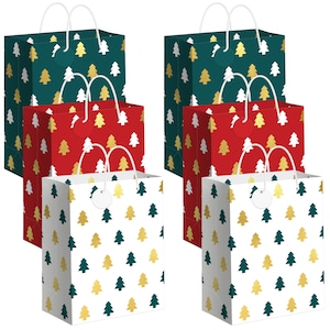 Christmas Gift Bags | Set of 6 | Medium Size 10&quot; Xmas Tree Gift Bags With Handles & Name Tags | Xmas Gift Bags with Metallic Gold Foil