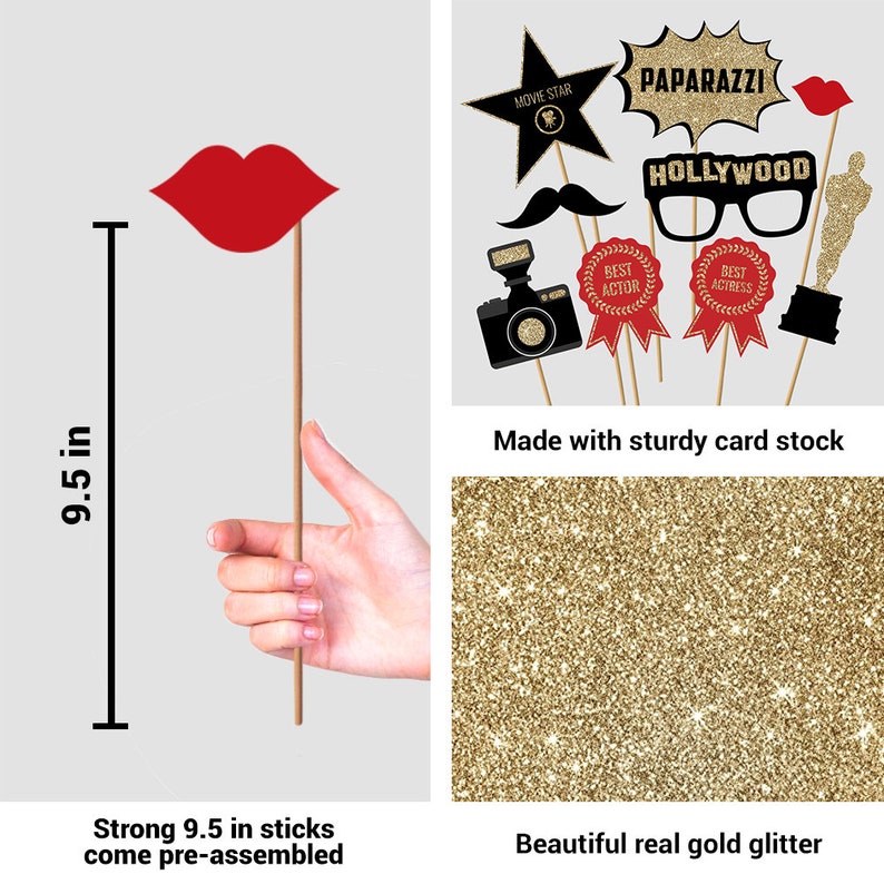 Hollywood Photo Booth Props FULLY ASSEMBLED Hollywood Movie Party Supplies Real Glitter Hollywood Decorations No DIY 30 Pieces image 3