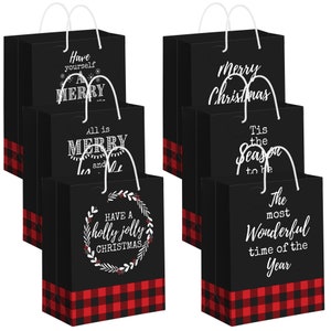 Plaid Christmas Gift Bags | Set of 6 | Medium Size 10&quot; Red and Black Buffalo Plaid Gift Bags With Handles & Name Tags | 6 Holiday Sayings