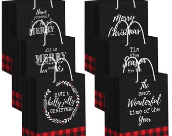 Plaid Christmas Gift Bags | Set of 6 | Medium Size 10" Red and Black Buffalo Plaid Gift Bags With Handles & Name Tags | 6 Holiday Sayings